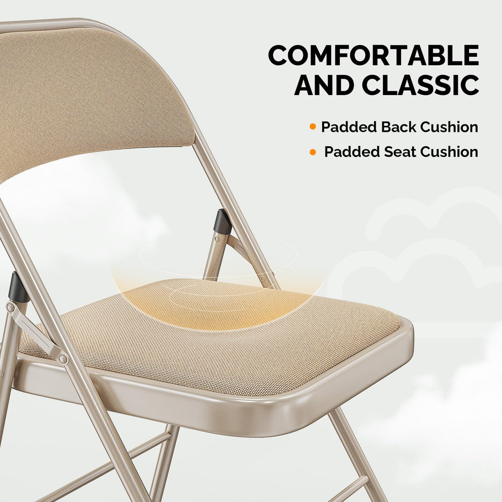 10 Pack Folding Chairs with Padded Seats, Metal Frame with Fabric Seat & Back, Capacity 350 lbs, Khaki, Set of 10