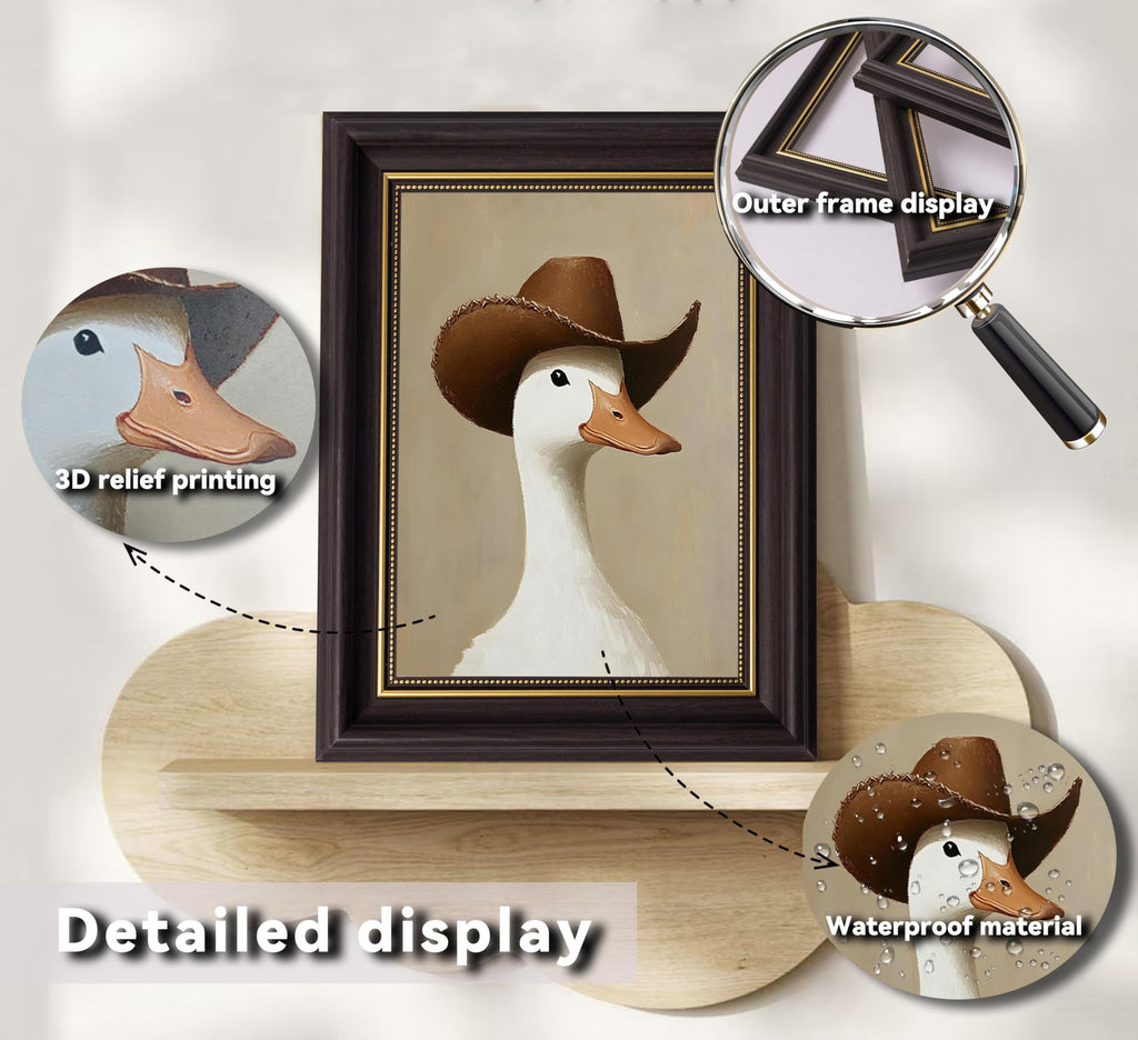 3D Textured Canvas Wall Art American-Style Frame Trendy Cowboy Duck Farmhouse Funny Animal Relief Poster Print