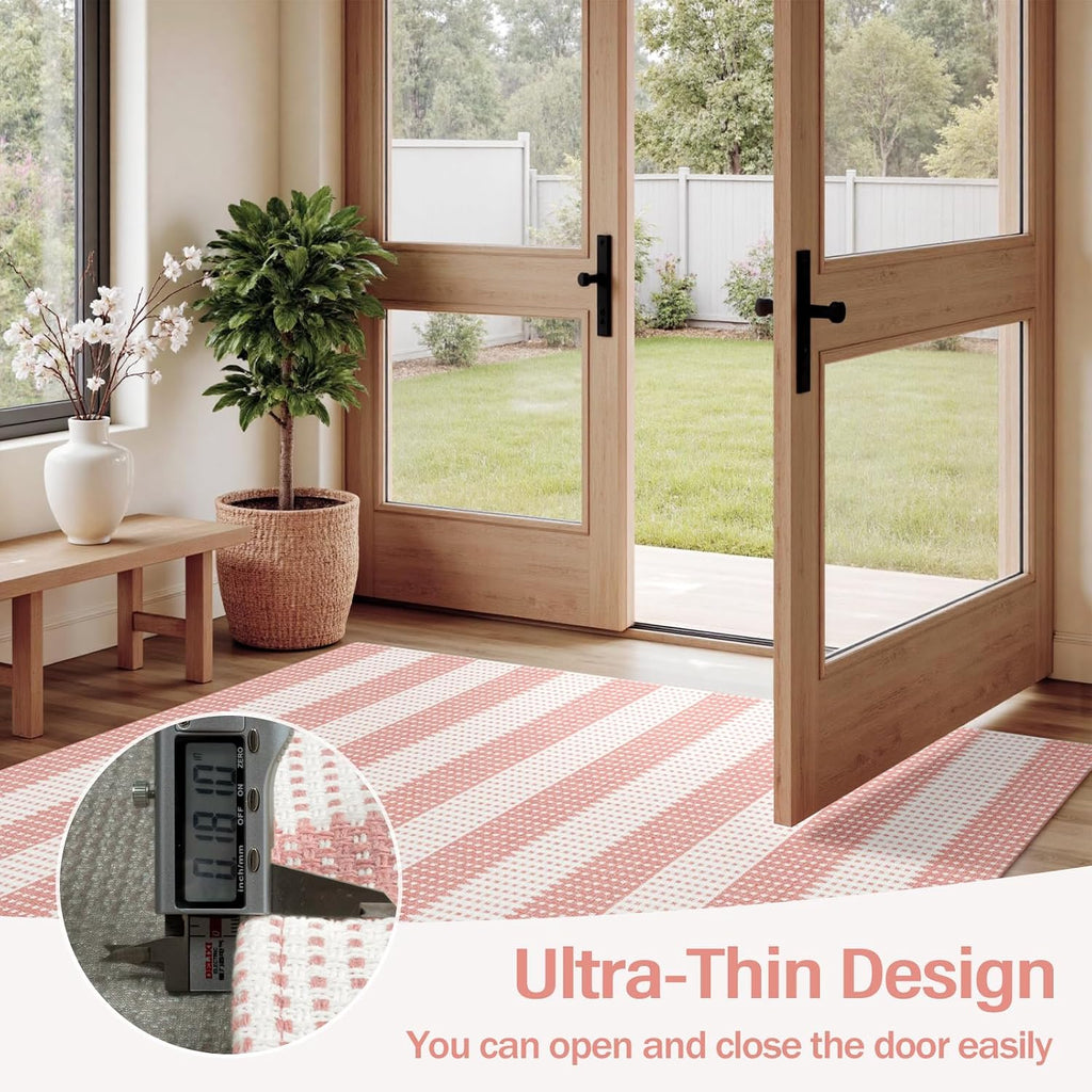 Washable Pink Woven Area Rug, Natural Striped Cotton Living Room Rugs Low Plie Non-Slip Outdoor Patio Rug, Modern