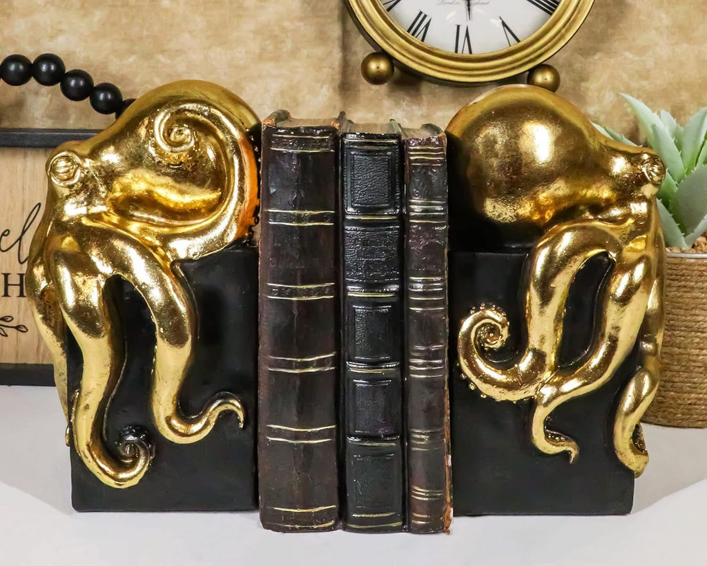 Contemporary Gold Color Octopus Light Duty Bookends Statue Set Nautical Coastal Resin Decorative Office Study-Room
