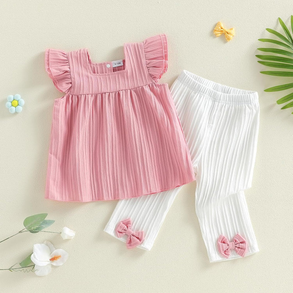 Little Girls Clothes Kids Solid Fly Sleeve Tank Tops Bow Pants Toddler Baby Girl Summer Outfits Spring 2pc Set