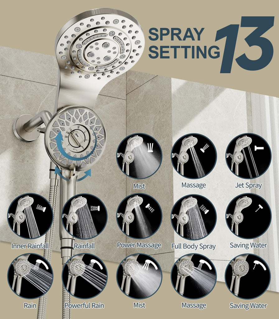 Rain Shower Head with Handheld, 13-Function High Pressure Dual Shower Head, 2-in-1 Magnetic Rainfall Showerhead Combo