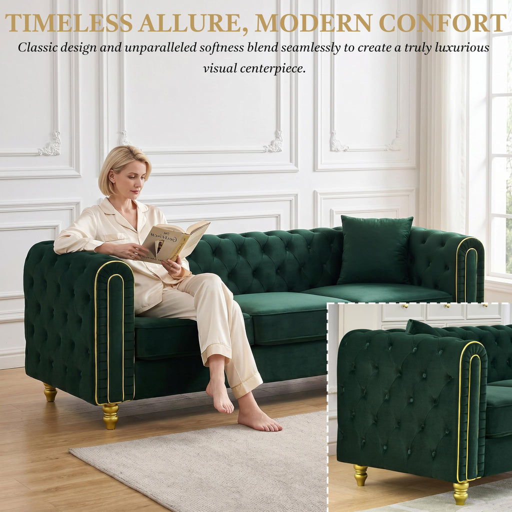 86" Chesterfield 3-Seater Velvet Sofa Couch, Button Tufted Rolled Arms with Gold Piping, Gold Metal Legs, Modern