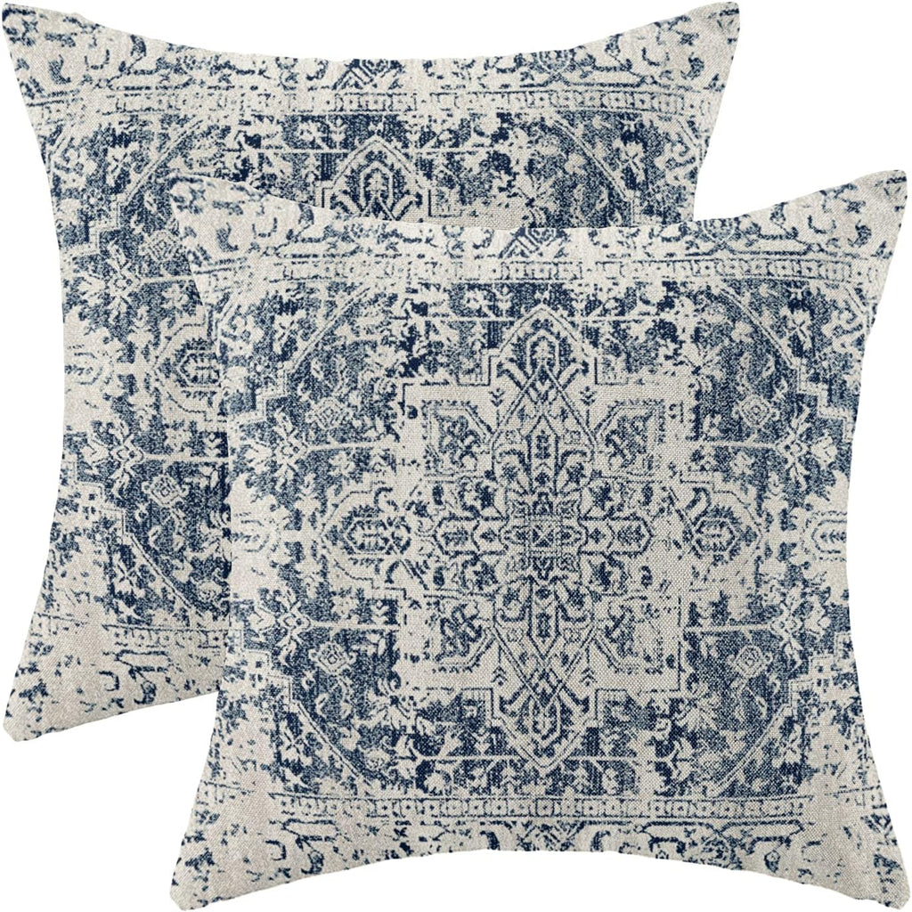 Boho Pillow Covers 20x20 Set of 2, Ethnic Design Decorative Throw Pillows Linen Blue Carpet Pattern Farmhouse Cushion
