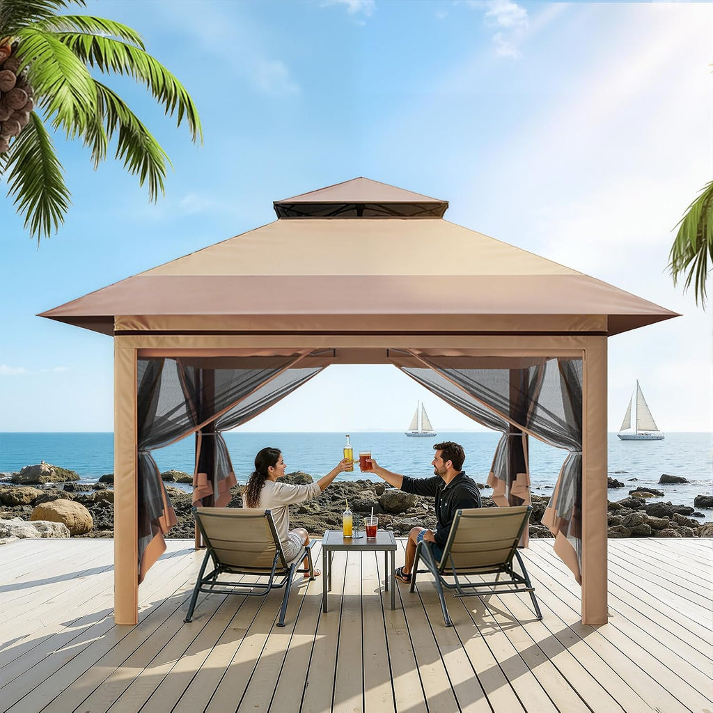 13x13 Pop Up Gazebo, Instant Outdoor Gazebo with Mosquito Netting, Vented Roof and Carry Bag - Beige & Coffee