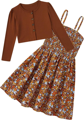 Girls Casual Adjustable Strap Sleveless Dress Cardigan Set