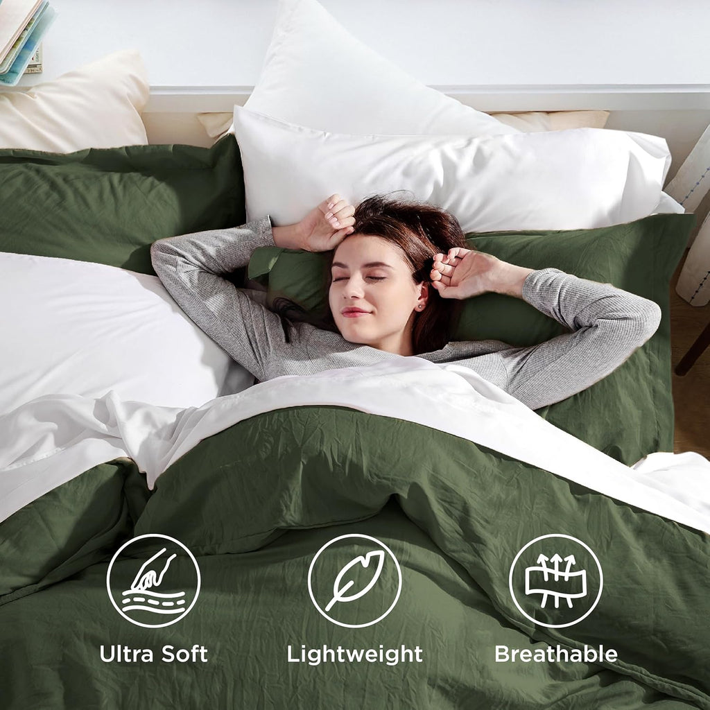 Olive Green Duvet Cover King - 3 Pieces Prewashed Cotton-Like Polyester Extra Soft Bedding Set, Includes 1 Duvet