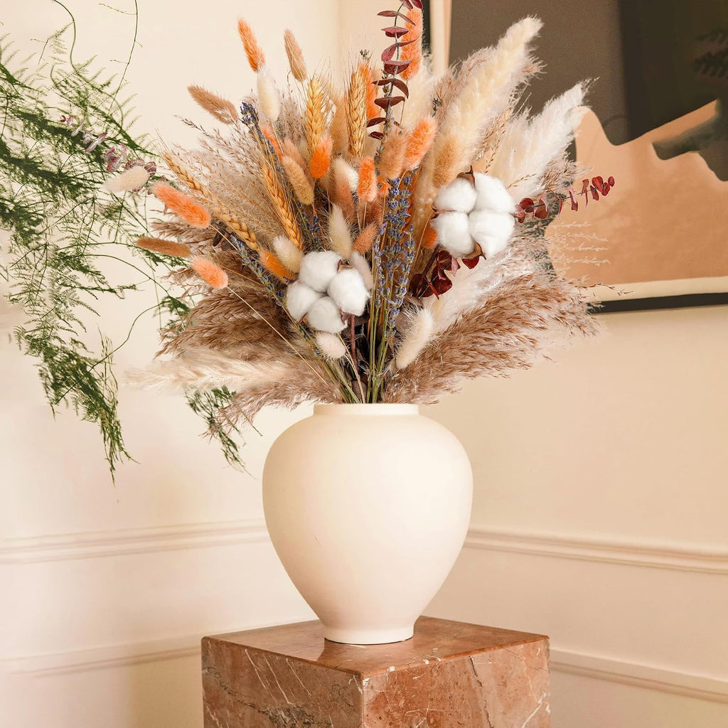 Fall Dried Flower Bouquet - Boho Fall Decor with Pampas Grass, Cotton, and Orange Bunny Tails - Autumn Floral - Set of 100