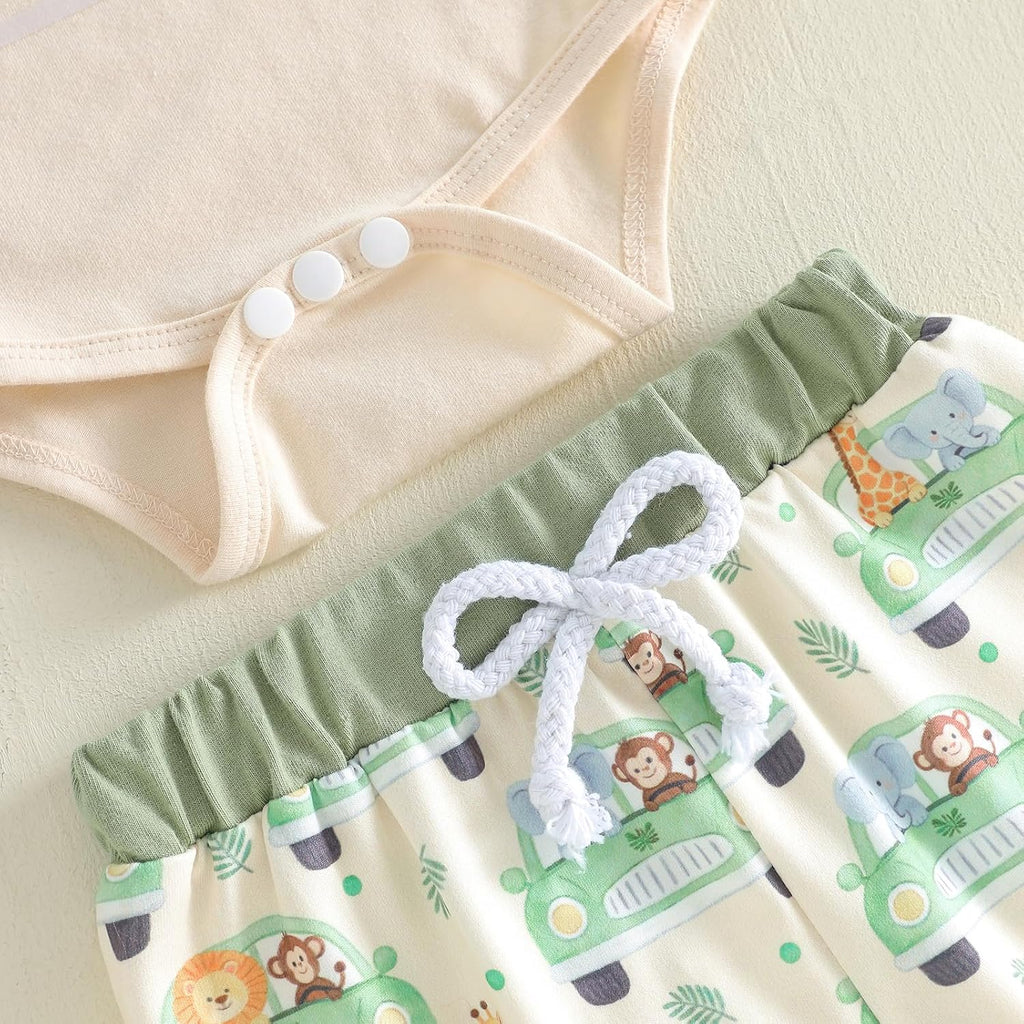 Newborn Baby Boy Clothes Zoo Animals Short Sleeve Romper Shirt Top Pants Hat Set Summer Outfits