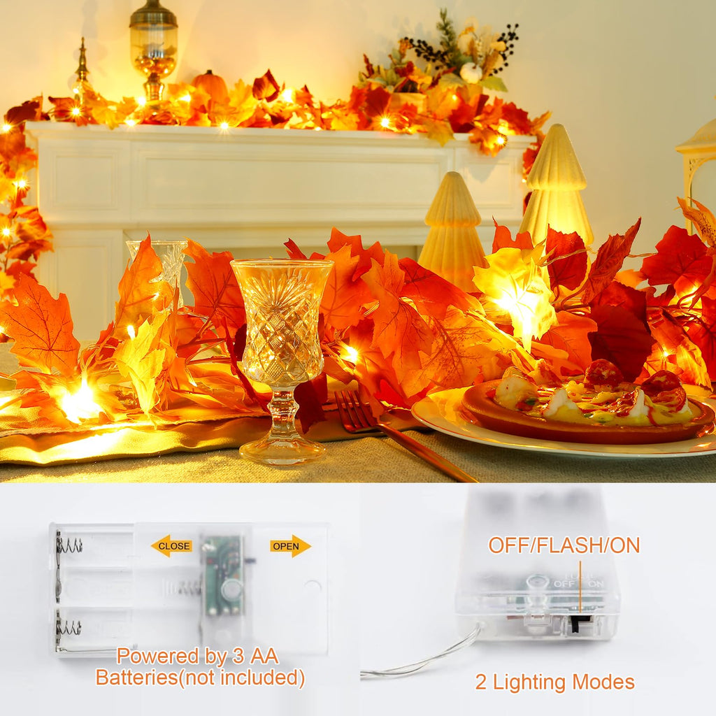 4 Pack Fall Garland with Lights, Autumn Leaf Garland for Mantle, Fall Decorations, Outdoor Lighted Up Leaves