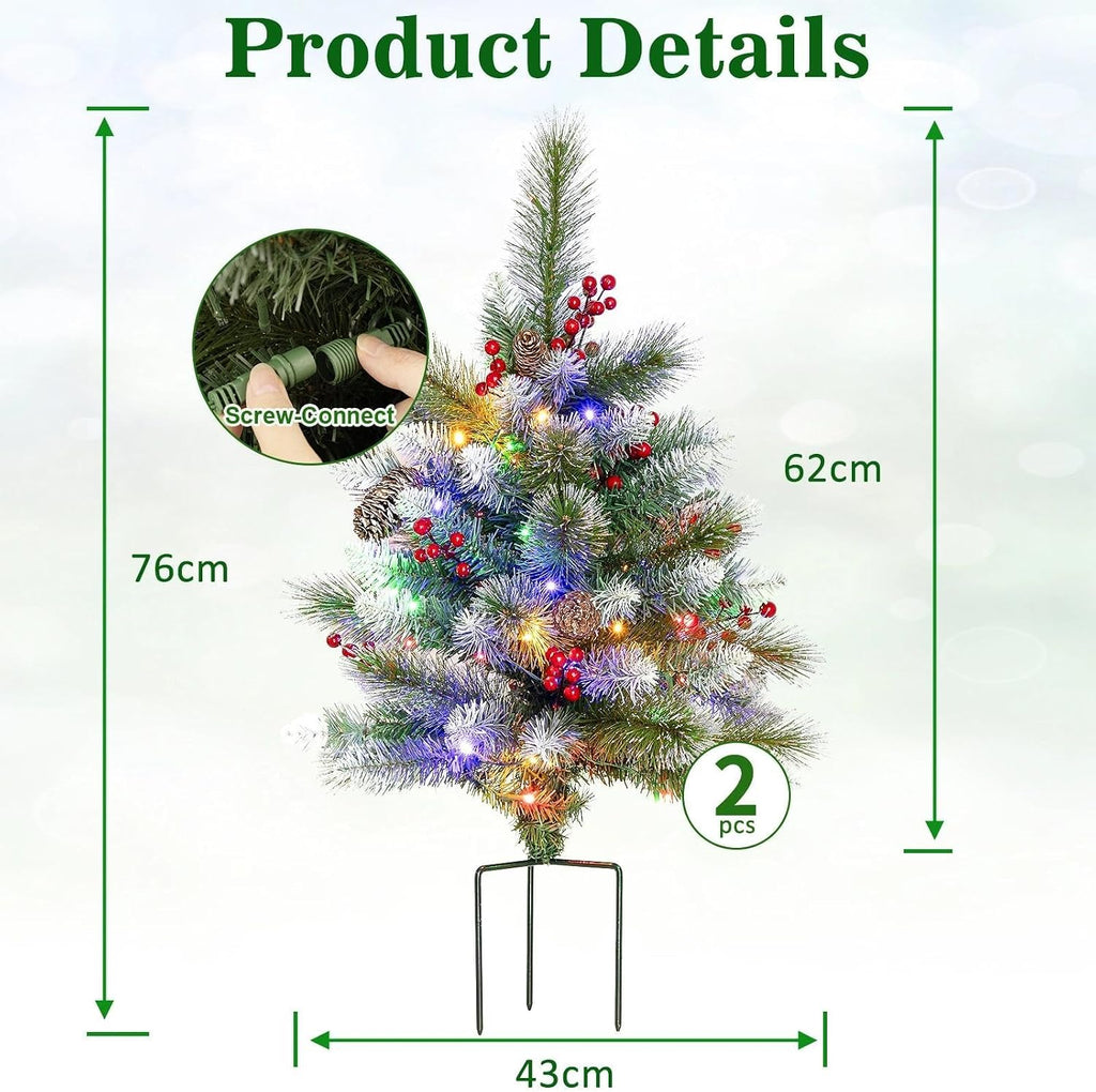 Set of 2 25.6 Inch Pre-lit Outdoor Christmas Tree with LED Lights, 8 Modes & Timer, Battery Operated Christmas Tree