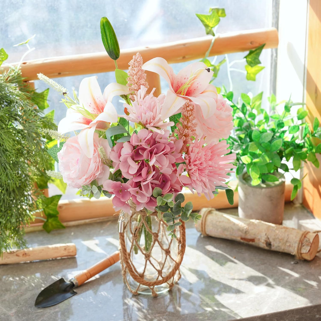 Fake Flowers with Vase -Hydrangea & Lily Artificial Floral Arrangement