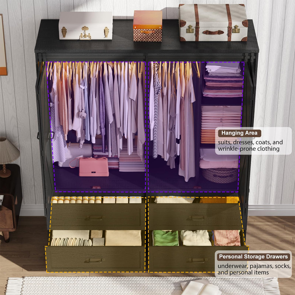 Farmhouse 4 Doors Armoire Wardrobe Closet w/Folding Sliding Barn Door and Lights, LED Armoire Closet w/Drawers
