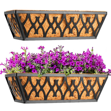 2 Pack 16 Inch Window Boxes Planters Railing Planter Box with Coco Liners Deck Railing Planter Boxes Balcony Hanging