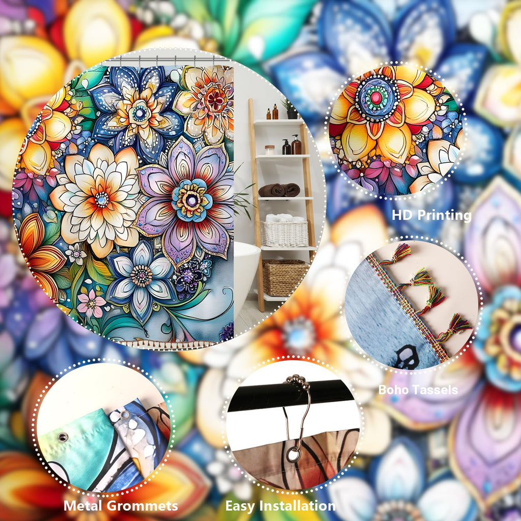 Boho Floral Shower Curtain with Tassels 72X72 Inch Mandala