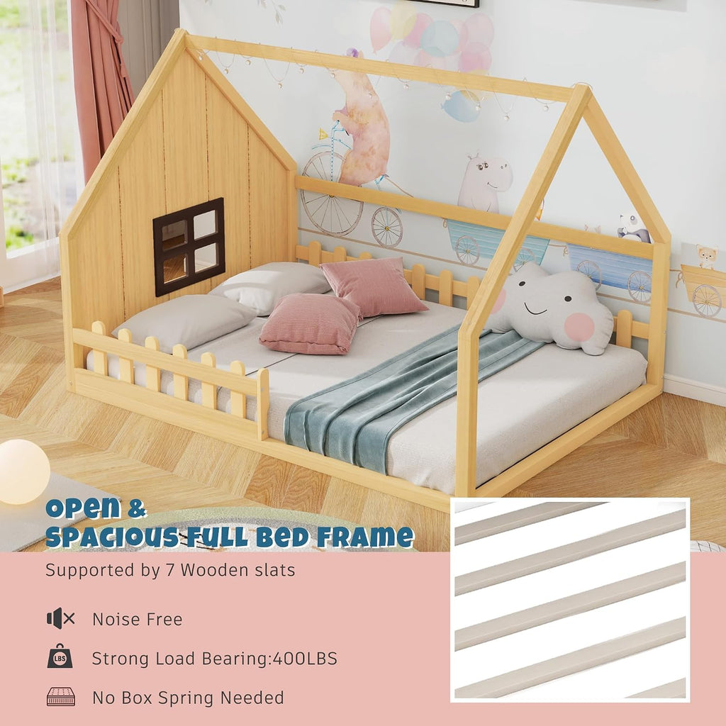 House Bed for Kids, Wood Montessori Floor Bed with LED Light Toddler Floorbed with Fence and Window
