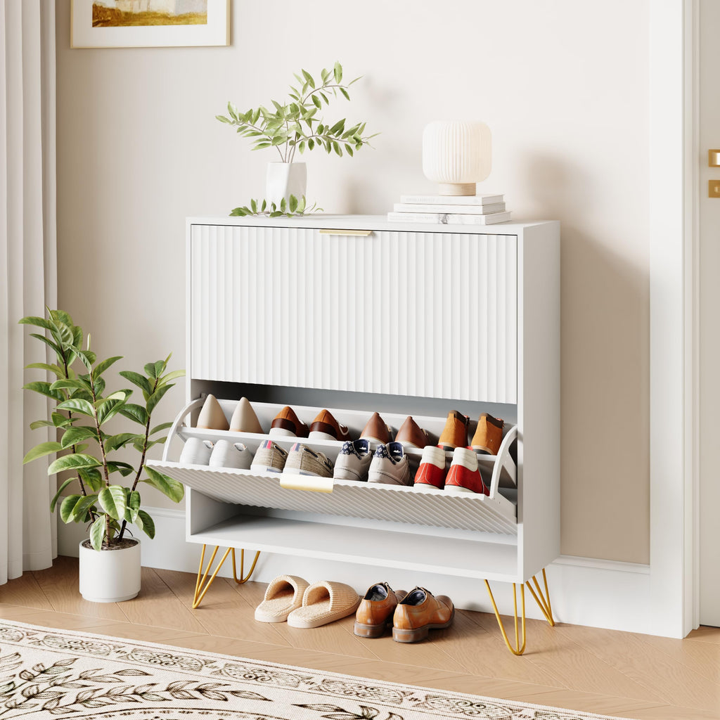 34.4" H Fluted Shoe Storage Cabinet with 2 Flip Drawers, White[Hidden Shoe Cabinet Storage, Narrow Freestanding Shoe
