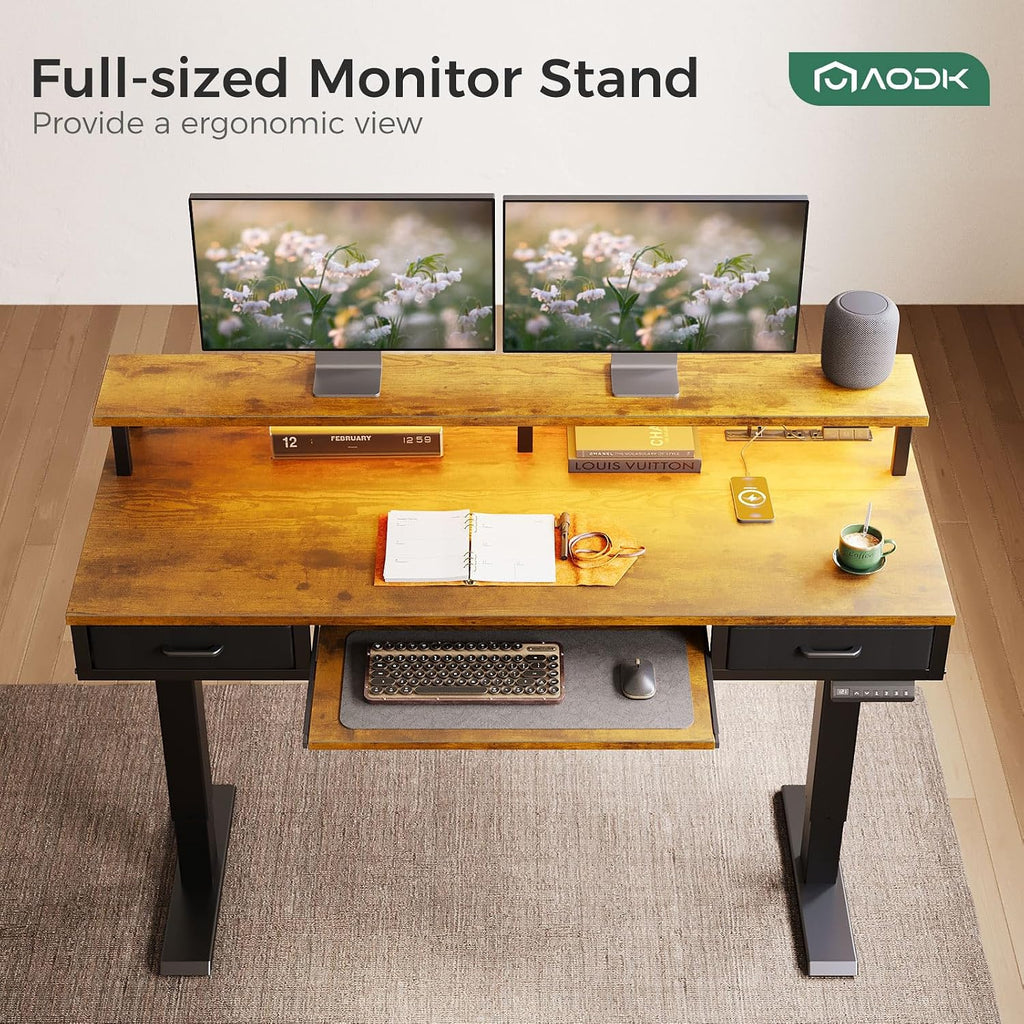 55 Inch Standing Desk with Drawers & Keyboard Tray, Rustic Brown | Power Outlet, LED Lights, Monitor Stand, Cable