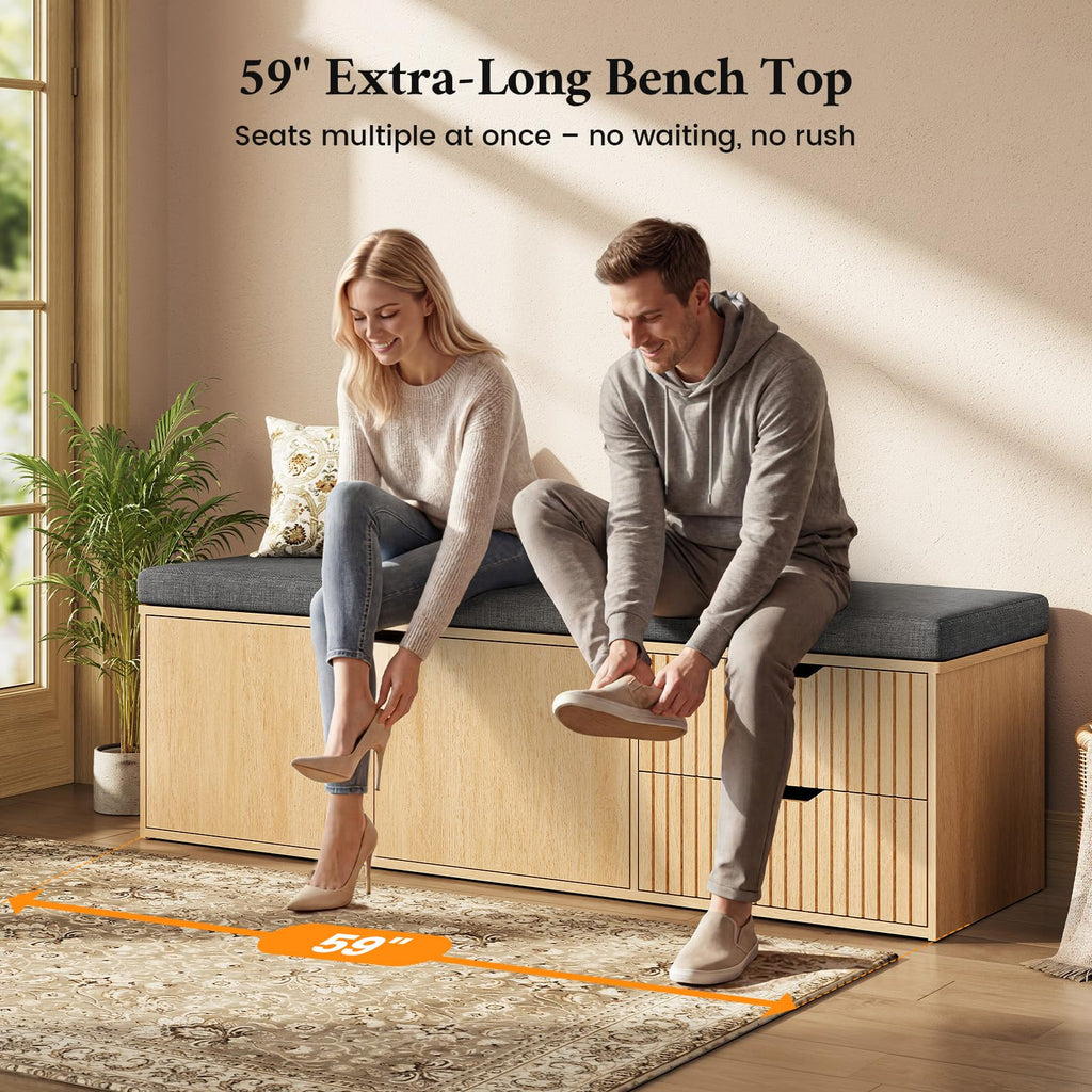59" Storage Bench with Drawer, 2-Tier Shoe Bench with Storage, Long Entryway Bench, Thickened Cushion, Adjustable