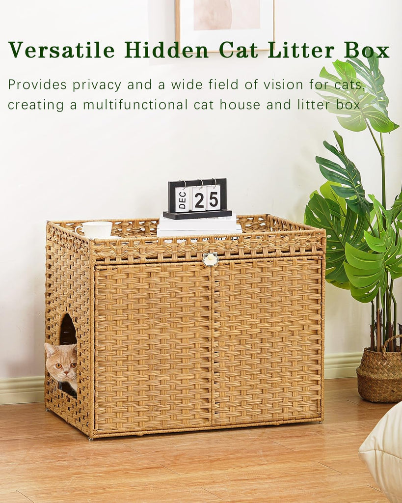Cat Litter Box Enclosure, Extra Large Hidden PE Rattan Natural
