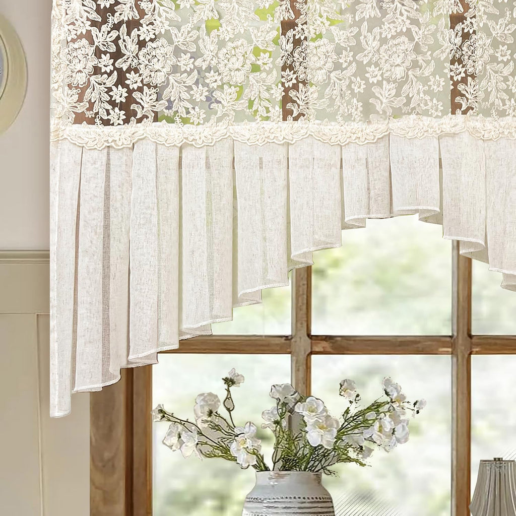Vintage Linen Lace Sheer Swag Curtain Valance Arched Doorway Curtain