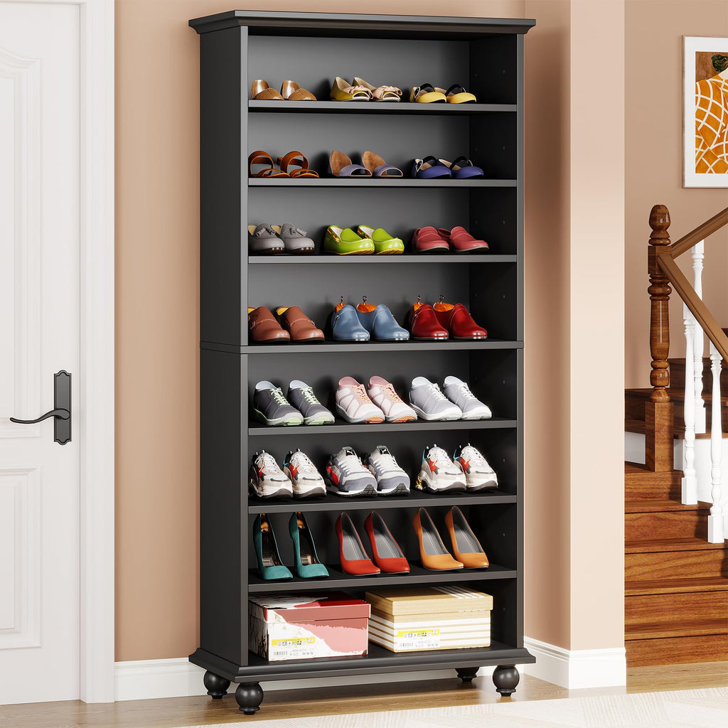 Narrow Tall Shoe Cabinet with LED Lighting, 9-Tier 30 Pairs Freestanding Shoes Storage Cabinet, Wood Shoe Organizer