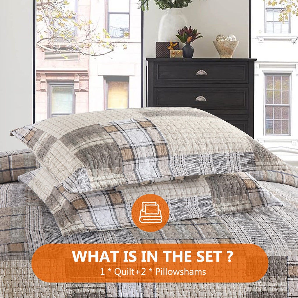 Quilts - Quilt Bedspread Sets, 100% Cotton Patchwork Quilt Bedding Set for Bed, 3 Pieces Plaid