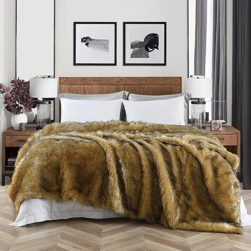 Plush Faux Fur Blanket King Size, Long Pile Golden Yellow with Black Tips Throw, Oversized Super Warm, Fuzzy