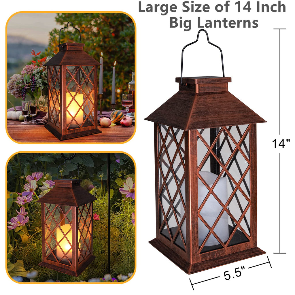 14" Solar Lanterns Outdoor Garden Lantern Waterproof LED Flickering Flameless Candle Mission Lights for