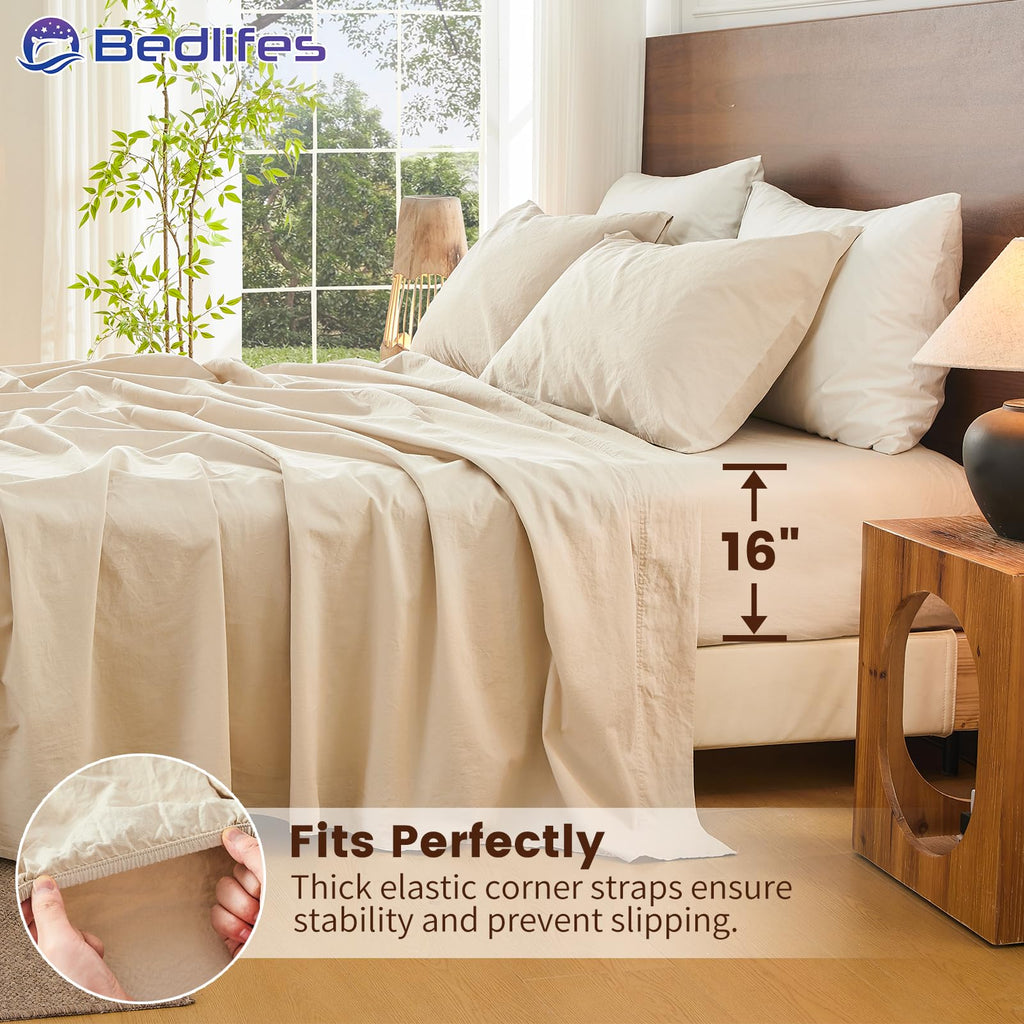 100% French Linen Bed Sheet Set - 16" Deep Pocket, 4-Piece