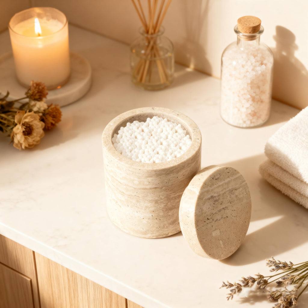 Natural Marble Canister, Cotton Swab Holder with Lid, Marble Toothbrush Holder Qtip Holder Storage for Cotton Swab