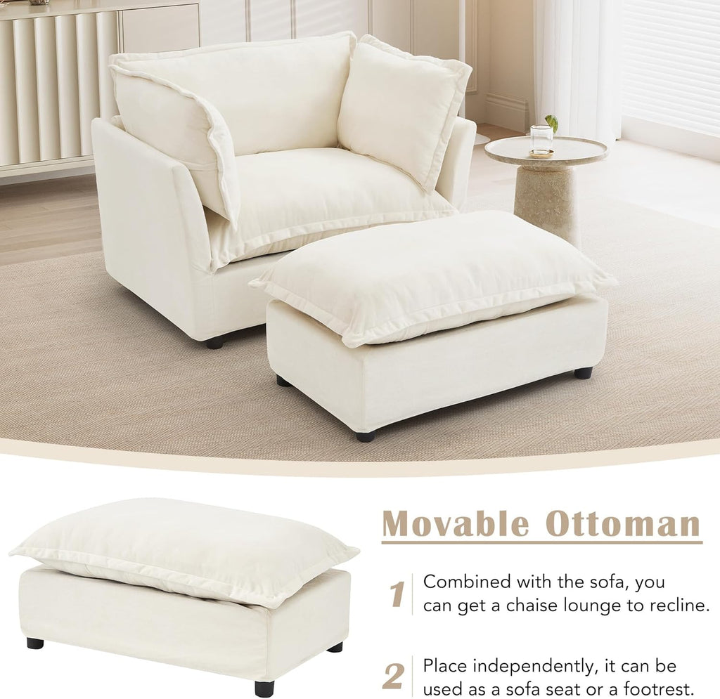 Modern Reading Chair and Ottoman — Beige Velvet
