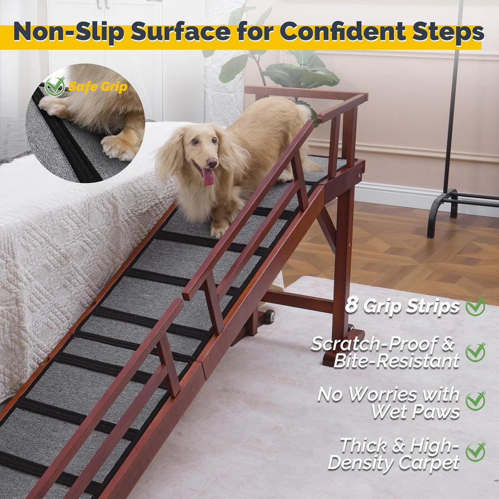 Dog Ramp for Bed or Couch, Wooden Pet Ramp with 20° Gentle Slope, Removable Side Rails, Non-Slip Surface, Top