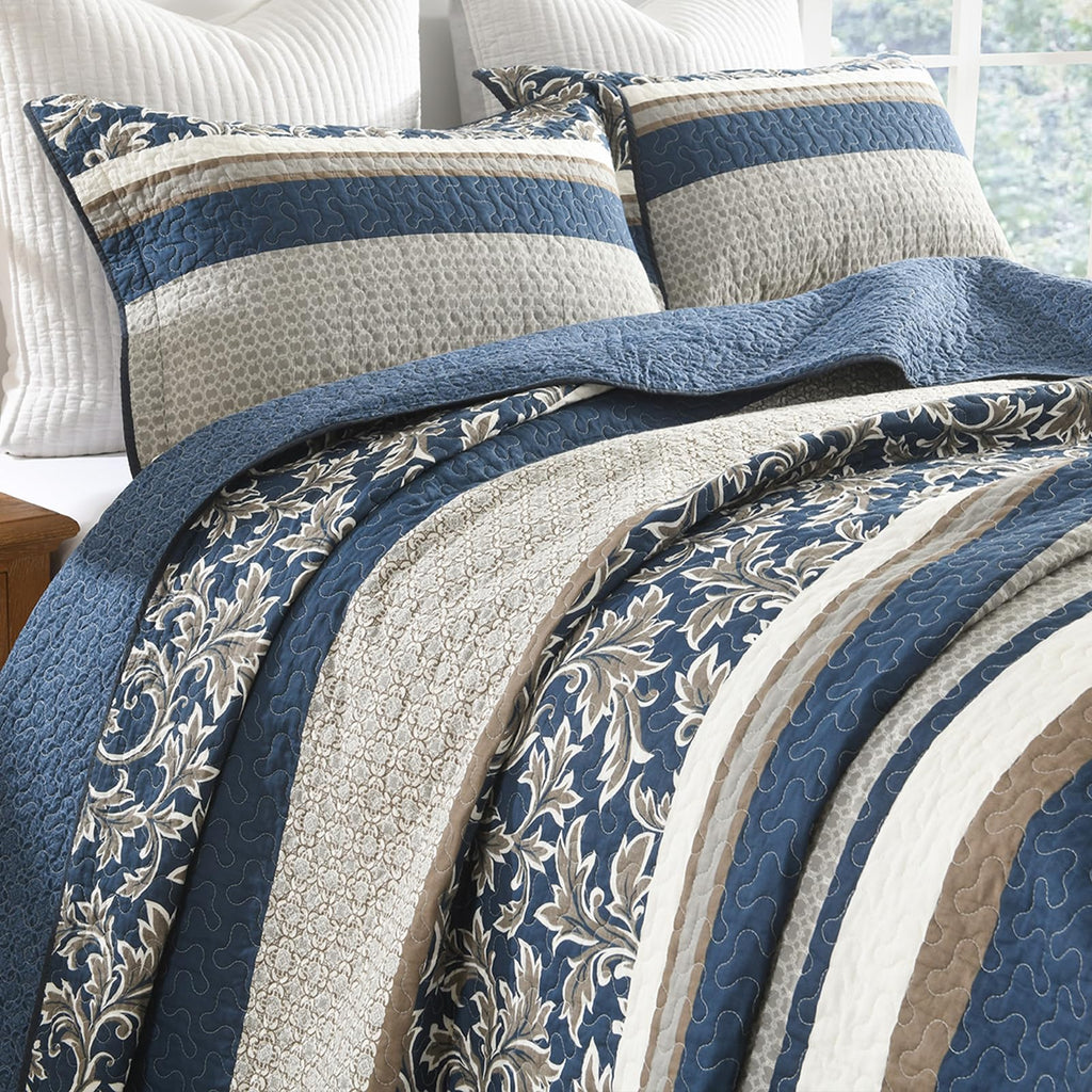 100% Cotton Quilt Set - Striped Quilted Comforter, Patchwork Botanical Quilt Bedspread, Modern