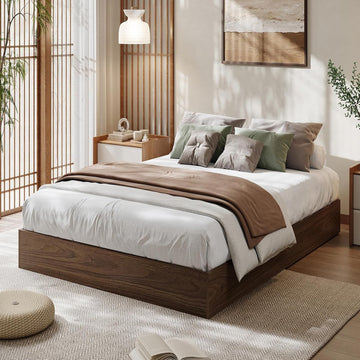Modern Minimalist Solid Wood Floor Platform Bed Frame with Sturdy Wooden Slats, Noise-Free Support, No Box Spring
