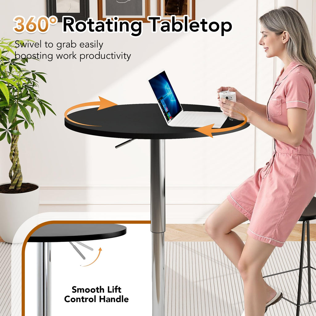 Round Pub Table, Height Adjustable Bar Table 27-36 inches, 360 Swivel Table Top, Black