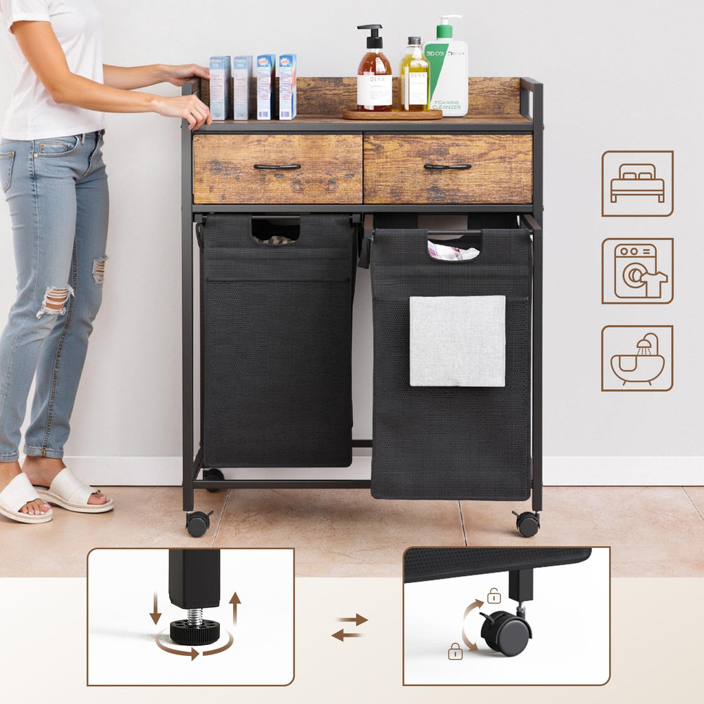 Laundry Sorter 2 Section with 2 Bags 4 Wheels 2 Drawers