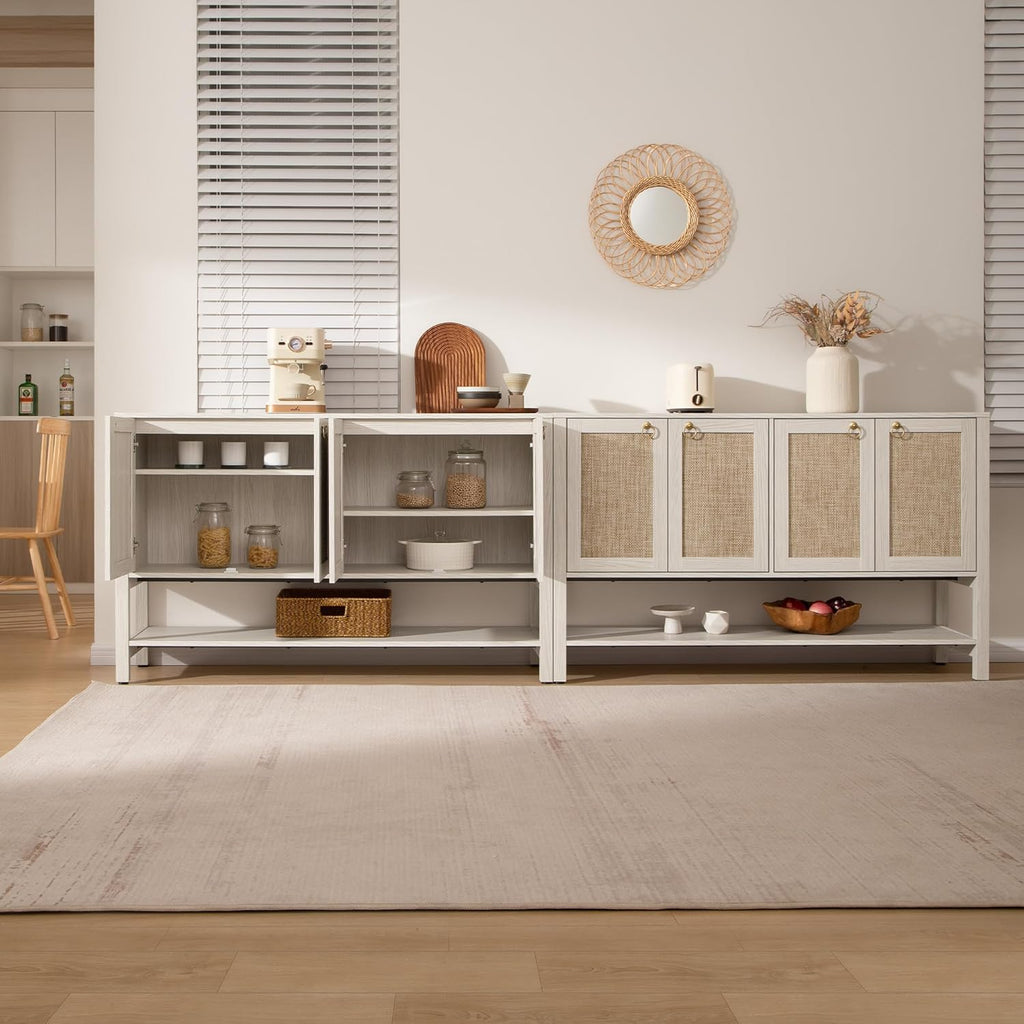 Sideboard Buffet Cabinet with Rattan Doors, 55" Boho Coffee Bar Cabinet with Open Shelf