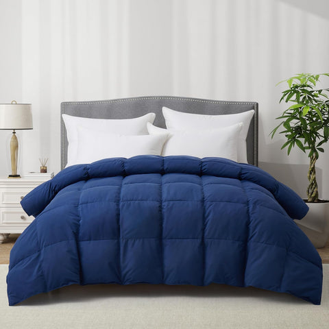 Luxury Goose Feather Down Fiber Comforter Queen, 300TC Blue Cotton Blended Duvet Insert