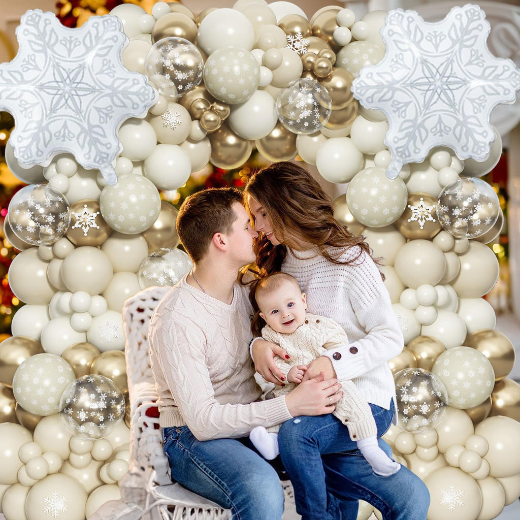 Snowflake Balloon Garland Arch Kit, Gold and White Sand Balloon Arch with Clear Snowflake Foil Balloons for Winter