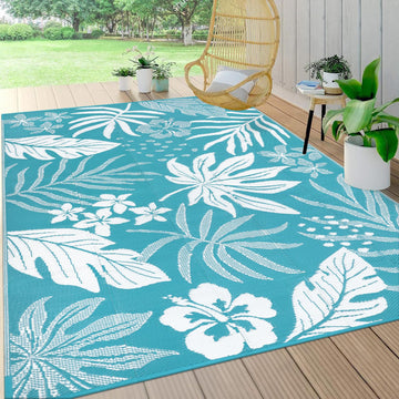 Waterproof Outdoor Rug 6x9, Plastic Straw Patio Rug, Floral Teal