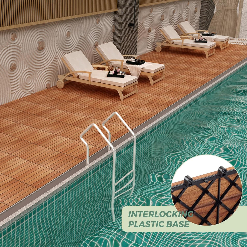 TEAK Deck Tiles (Pack of 9) - Hardwood Interlocking Patio Deck Tiles, All Weather Waterproof