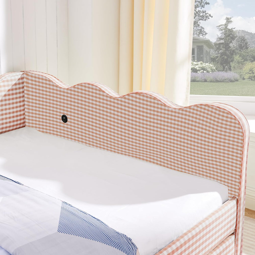Full Size Upholstery Gingham Daybed with Trundle and USB, Pink | Full to King Design Adorable Wave Shaped Extendable