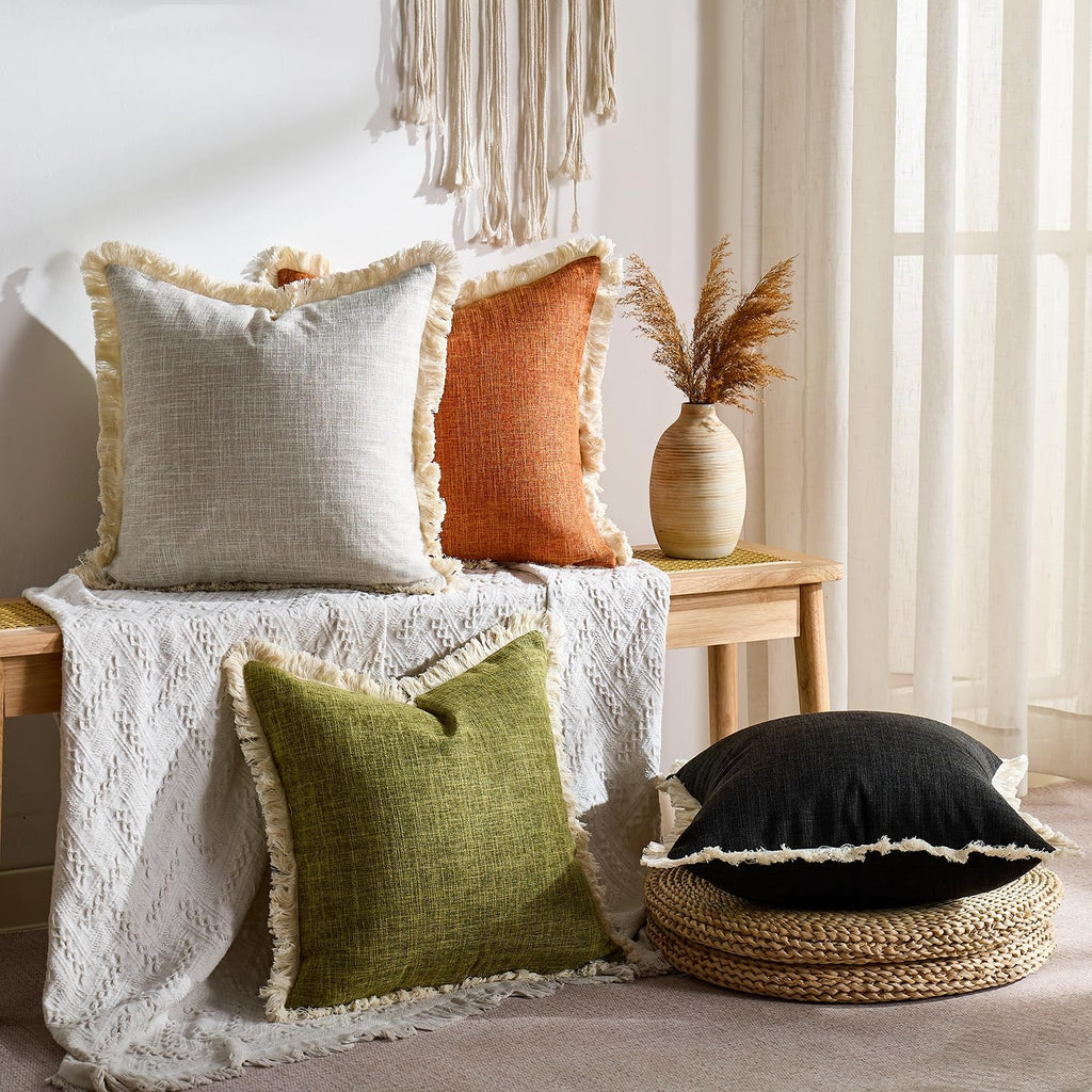 Boho Pillow Covers 16x16 Faux Linen Couch Pillow Covers with Fringe Farmhouse Rustic Decorative Pillows Case Black