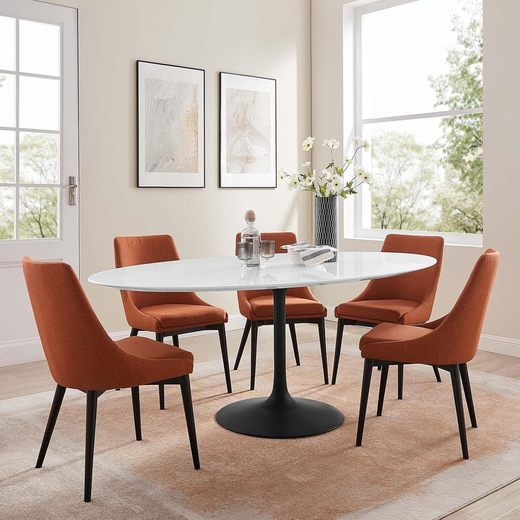 Inspired Tulip Style Oval Pedestal Dining Table — Black Base / White Top, 78″ Oval