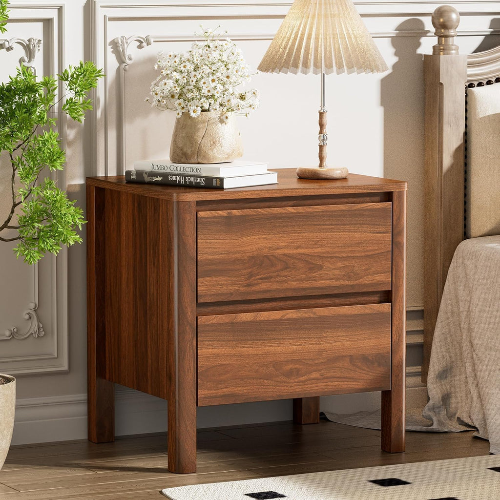 Walnut Mid-Century Modern 3 Piece Bedroom Furniture Set, 6 Drawer Dresser with Handleless Wood Grain Design and