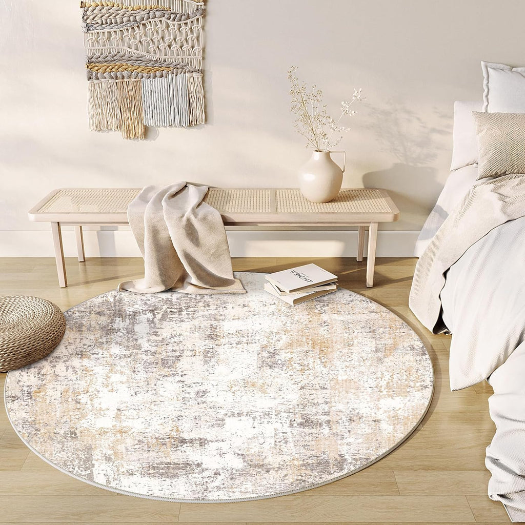 8x8 Washable Round Rug Beige Grey Abstract Non Slip Soft Low Pile Circle Rug for Living Room Bedroom