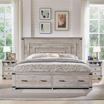 54" Tall Farmhouse Queen Wood Bed Frame with Headboard, Light Rustic Oak