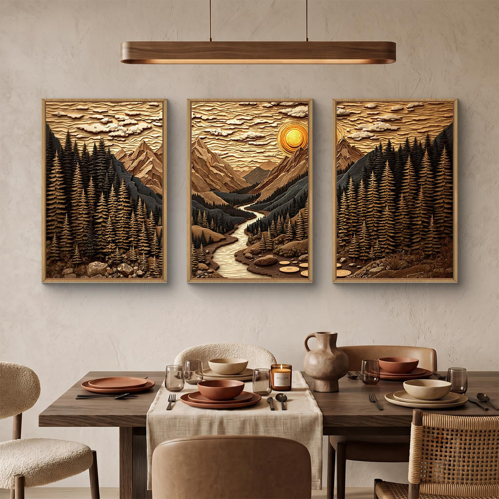 Abstract Landscape Mountain Canvas Wall Art Set, Vibrant Sun Forest Pine Tree Wall Decor, Wilderness Nature River