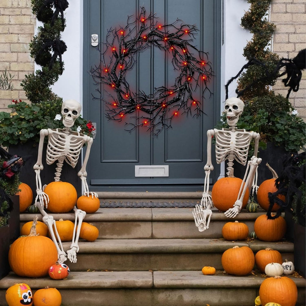 Spooky Halloween Wreath with Red Lights - Glitter Black Branch Handcrafted Decor for Front Door, Indoor/Outdoor Party